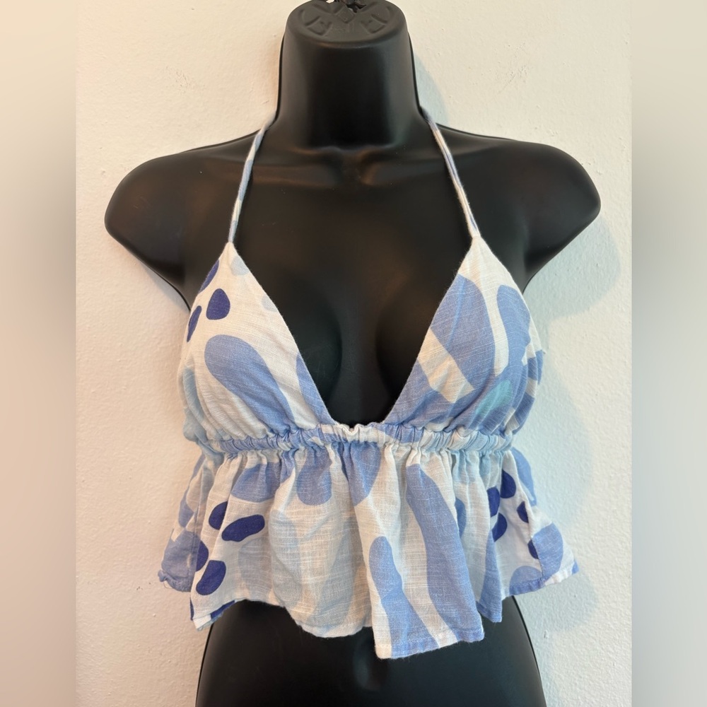 Blanco by Nature Blue & White Cotton Halter Breezy Casual Crop Top